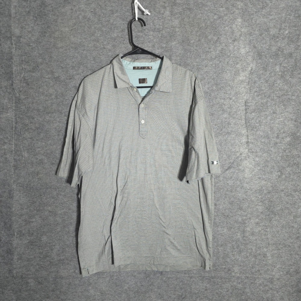 Tiger Woods Polo Men Large Blue Tan Striped Cotton Short Sleeve Golf Shirt TW